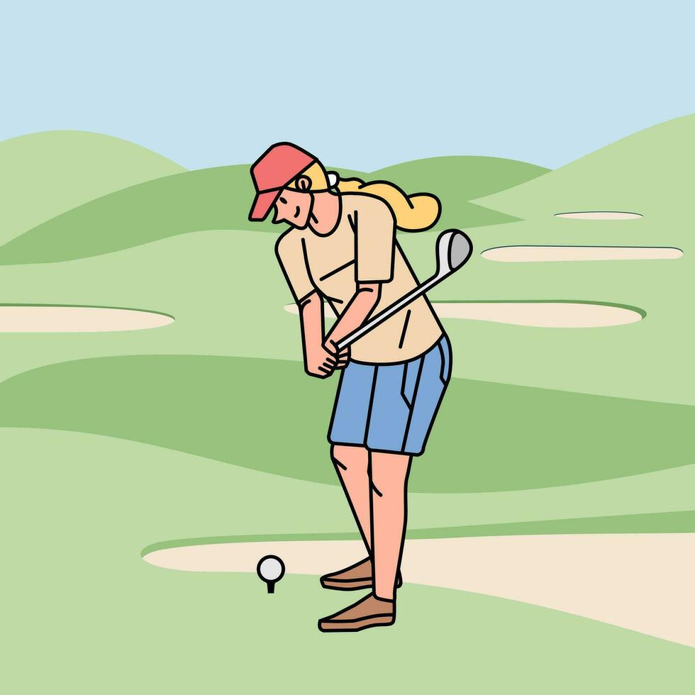 joven mujer jugando golf en el curso línea estilo ilustración vector
