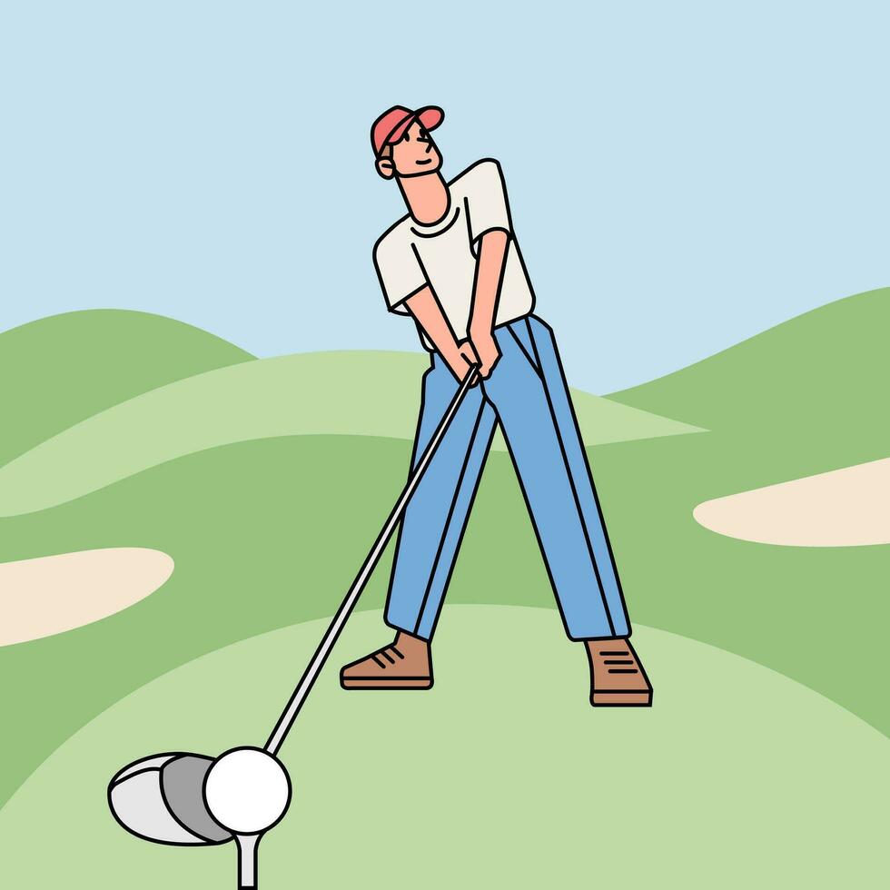 Man playing golf on the course line style illustration vector