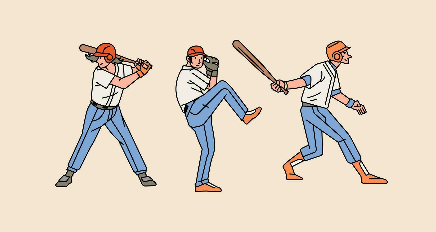 Baseball character players in action set line style illustration vector