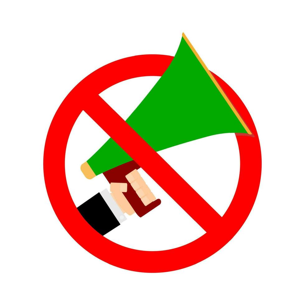 Prohibition to share false news and ban noise. Vector prohibition megaphone icon, not sound speaker, warning communication ban loudspeaker illustration