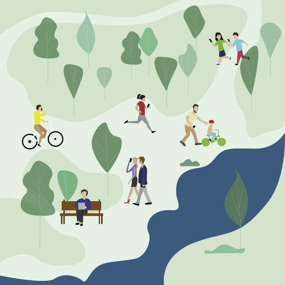 People in green park use smartphone. Vector ride bike and run, walk couple outdoor, people communication message illustration