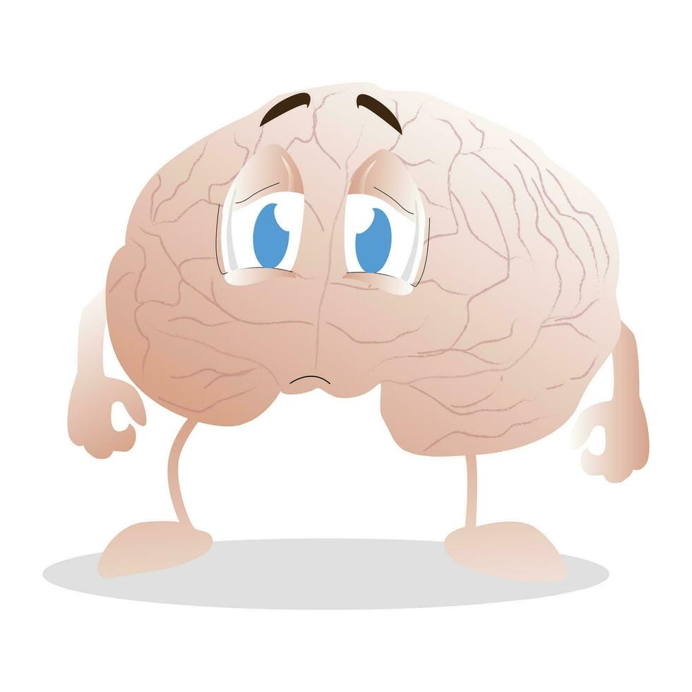 Brain feel upset isolated on white background. Vector brain unhappy emotion, mind sad and tired illustration