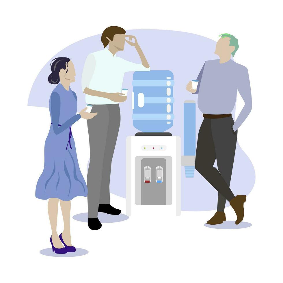 Colleagues have coffee break. People speaking and gossip near water cooler and dispenser drink water. Vector together rumor and discuss, dialogue of workers illustration