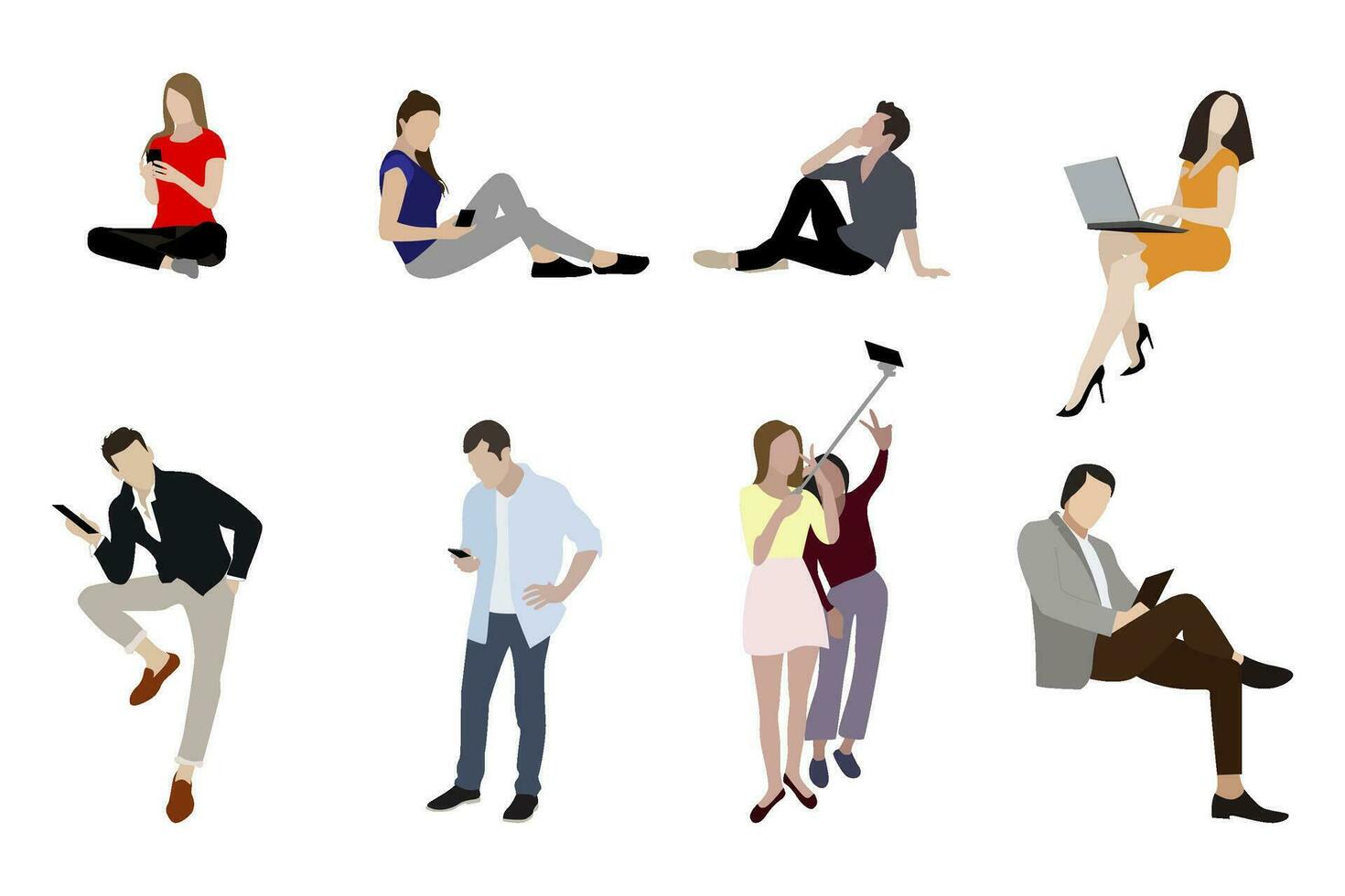 People man and woman with gadgets smartphones. Teenager and business woman or man with smartphone, laptop and other devices. Vector illustration