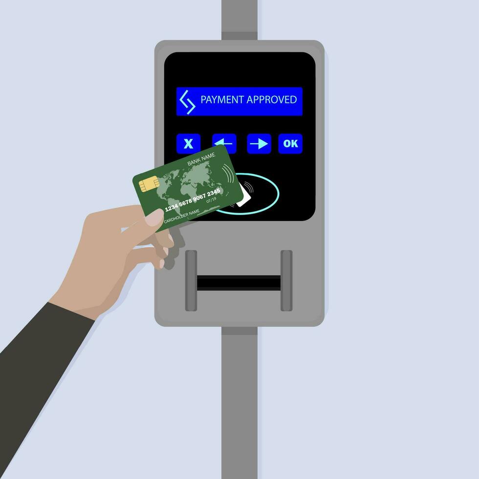 Contactless payment by credit card. Rfid and nfc, buy ticket for transportation, check in airport, station control terminal. Vector illustration