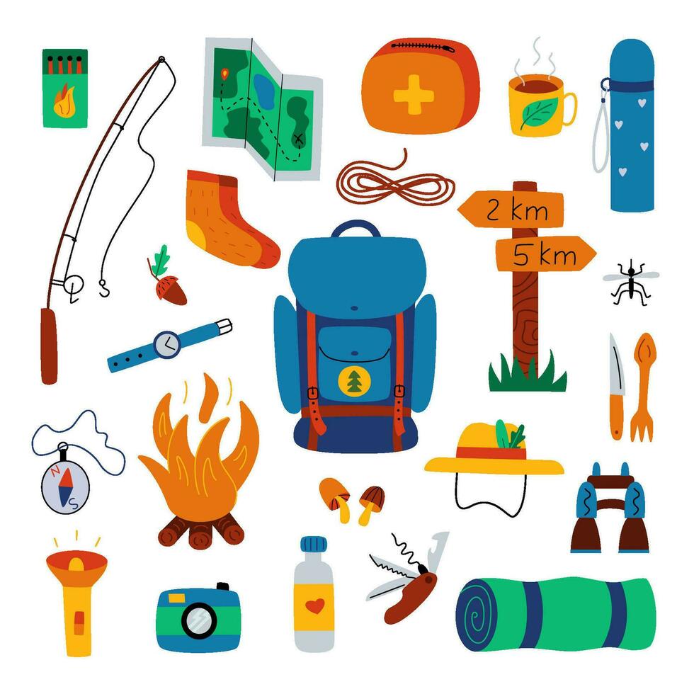 Hiking, trekking or camping objects. Tourism and adventure accessories - backpack, map, fire, compass and others. Outdoor recreation elements. Perfect for kids camp flyers, posters, tags, sticker kit. vector