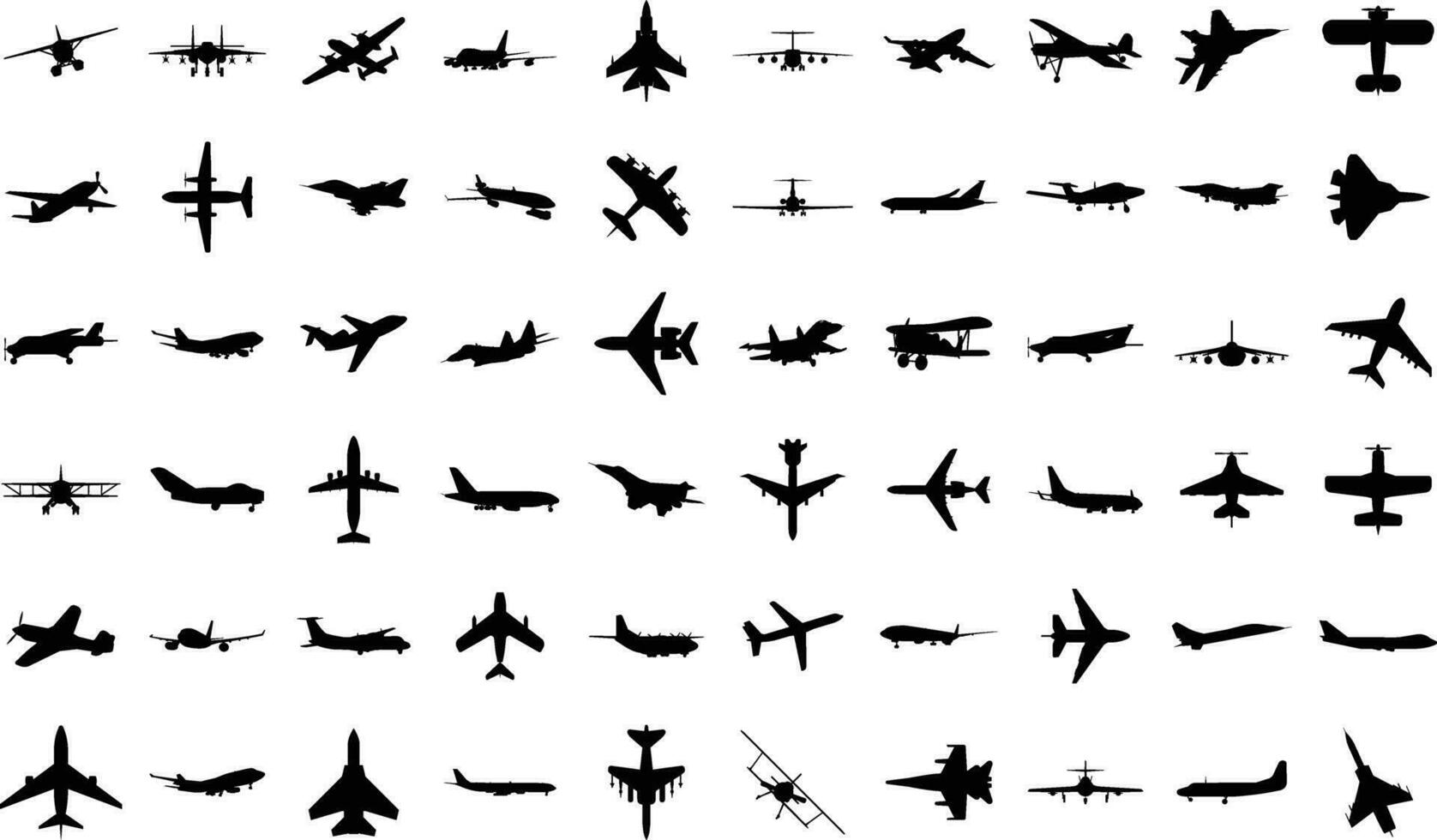 Black airplanes silhouettes. Military jet fighter and civil aviation cargo and passenger planes icons isolated on white background vector