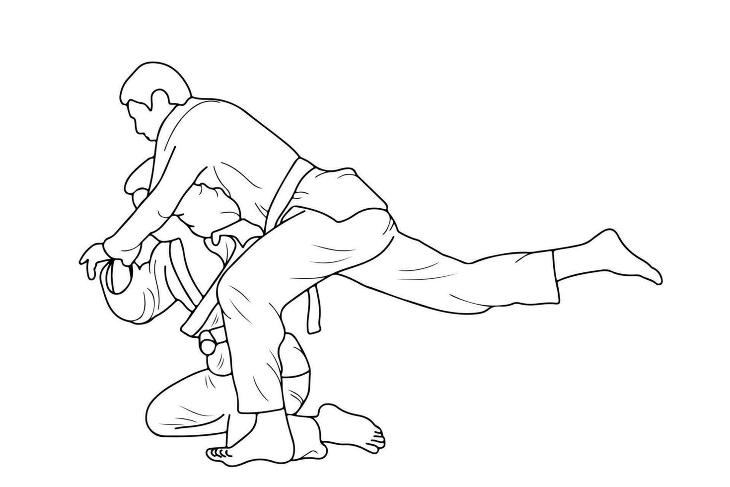 línea dibujo de dos joven juguetón judoka combatiente. judoista, judoca, atleta, duelo, luchar, judo vector