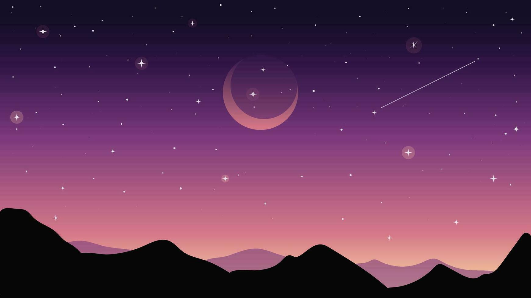 Beautiful night sky mountain landscape with moon and stars vector