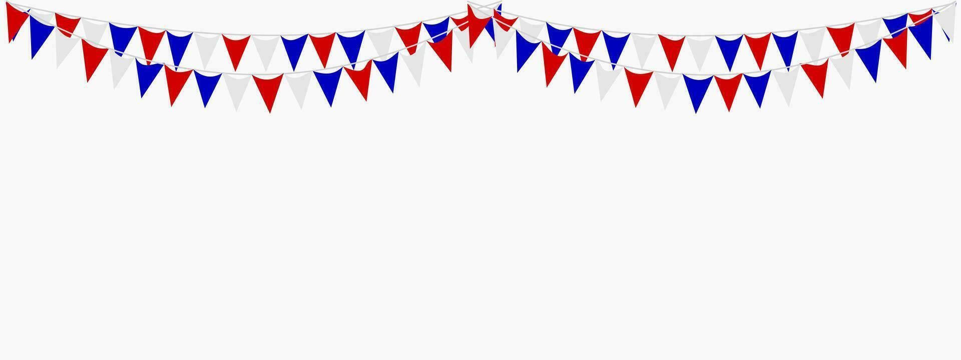 Bunting Hanging Red White Blue Flags Triangles Banner Background. USA, United State of America, France, Thailand, New Zealand, Netherlands, British, Great Britain. vector