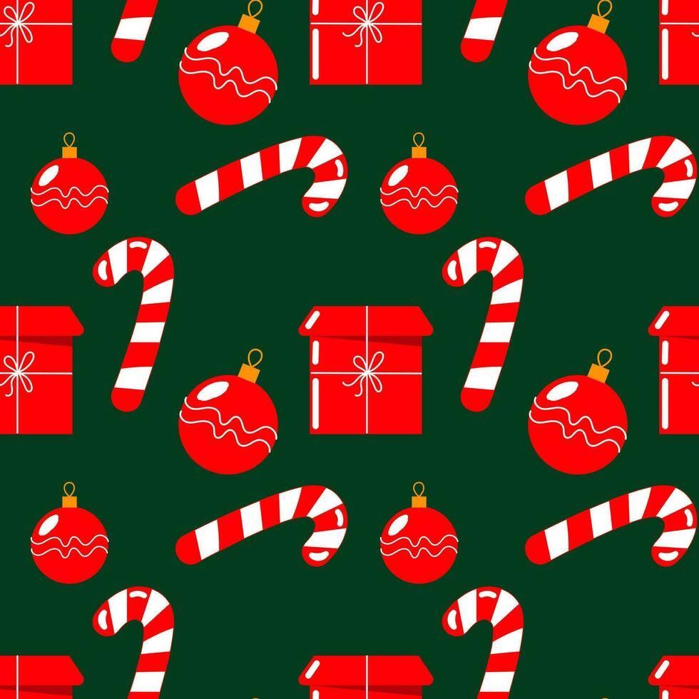 patrones sin fisuras, dulces, regalos y bolas de navidad, diseño rojo y blanco. estampado navideño, textil, fondo, vector