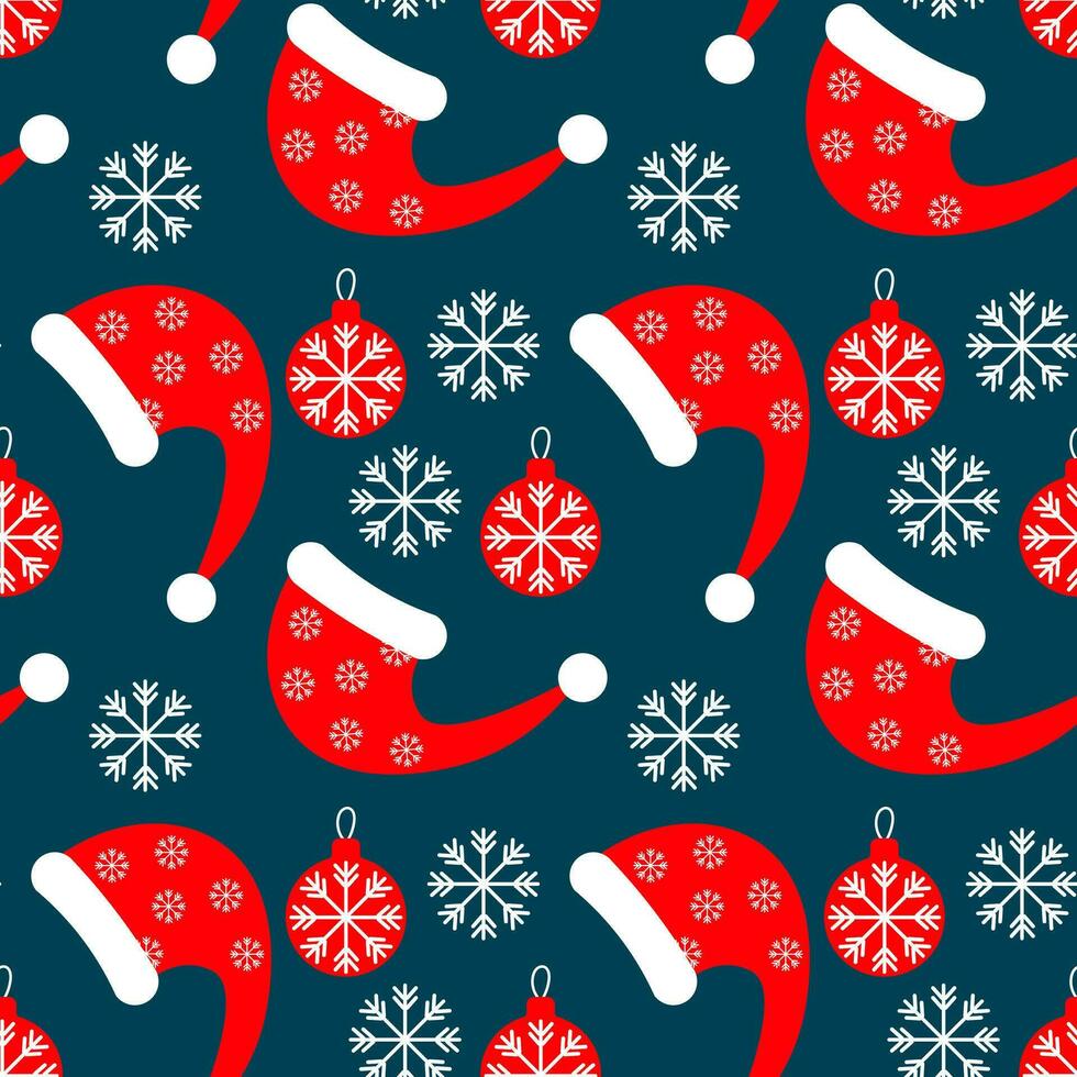Seamless pattern, Santa Claus hats, snowflakes and Christmas balls. Print, textile, vector