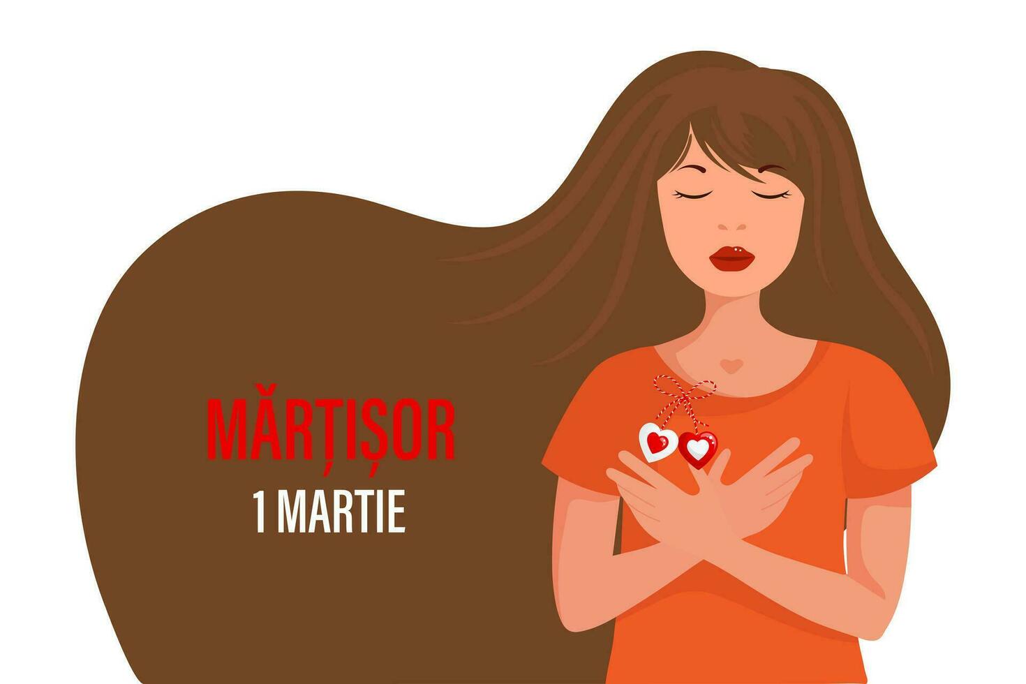A pretty girl with a martisor, a red and white symbol of spring. Traditional spring holiday in Romania and Moldova. Postcard, banner, vector