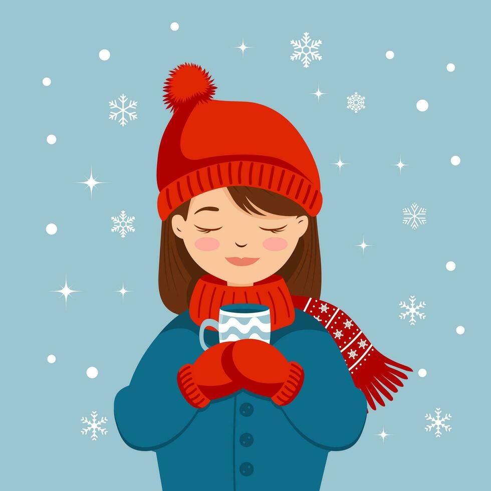 Cute girl in a sweater with a cup of tea on the background with snowflakes. Winter illustration, print, vector