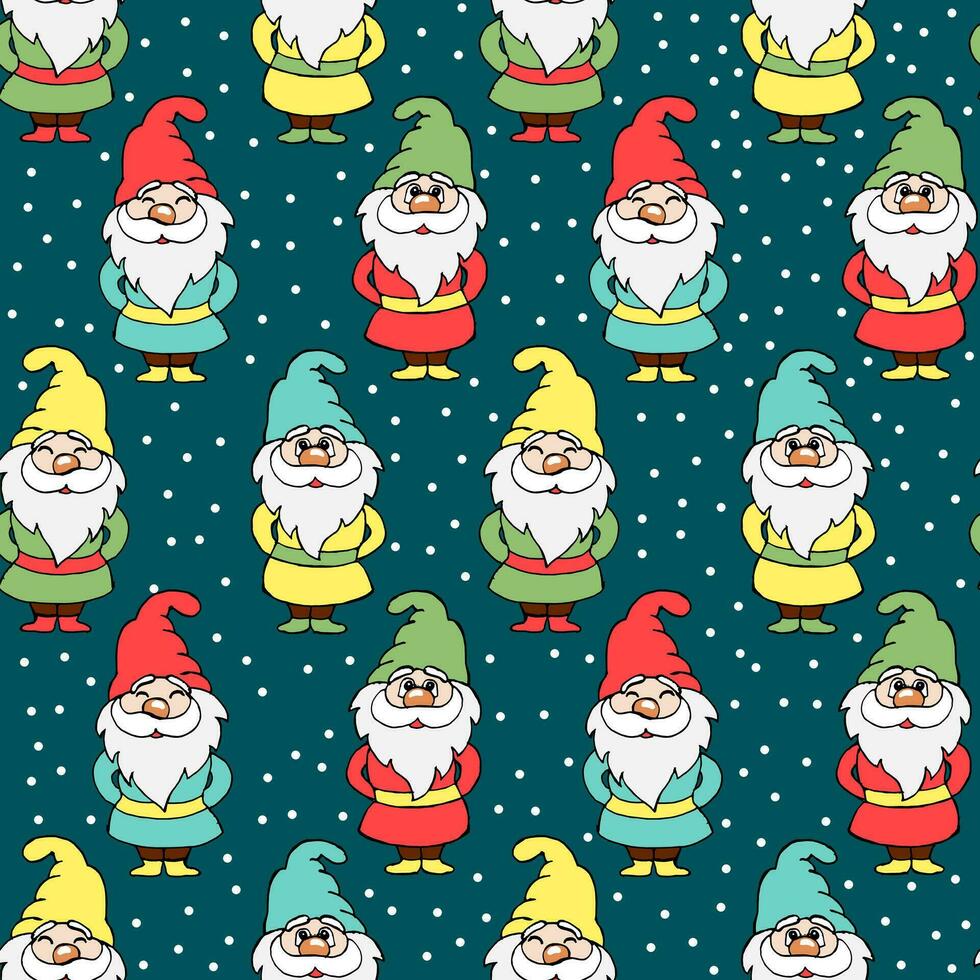 Seamless pattern, cute gnomes on a background with snow. Print, children's textile, vector