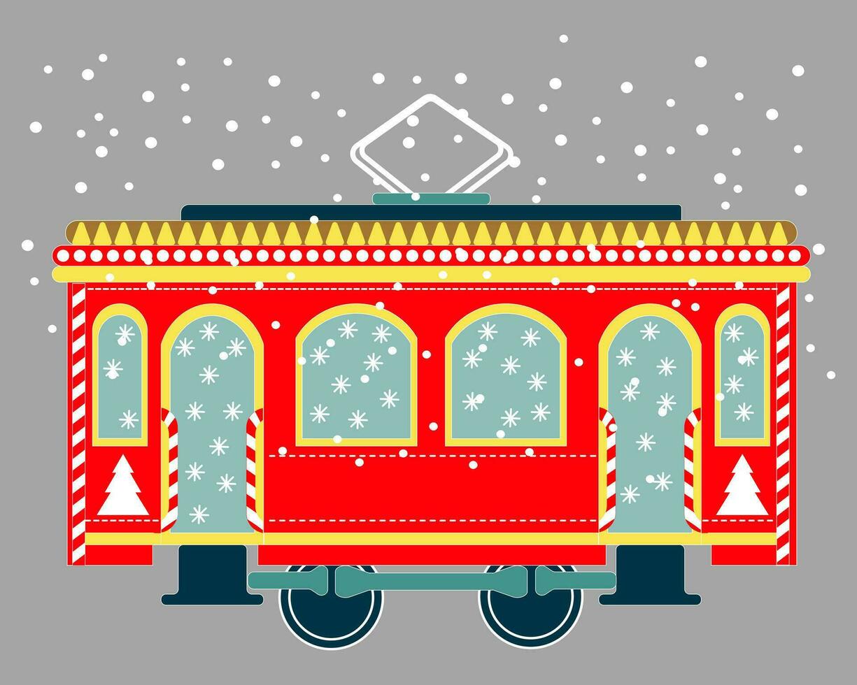 Cute red Christmas tram with snowflakes and Christmas trees. Greeting card, illustration, vector