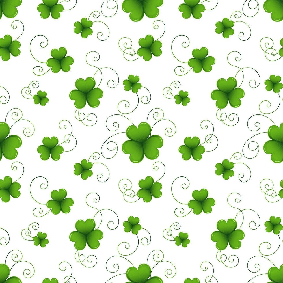 Seamless pattern, clover leaves, shamrock with tendrils. Background for the holiday of St. Patrick. Print, textile, vector