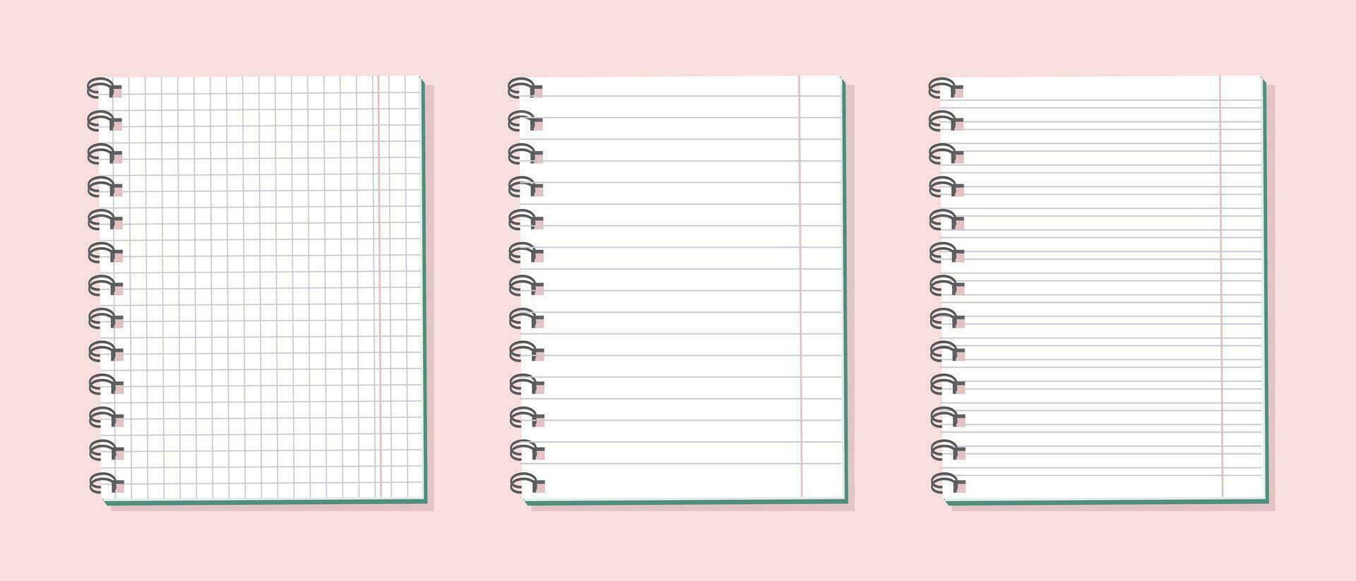 School notebook set. Mockups, blank checkered and line notepads on pink background. Illustration, vector
