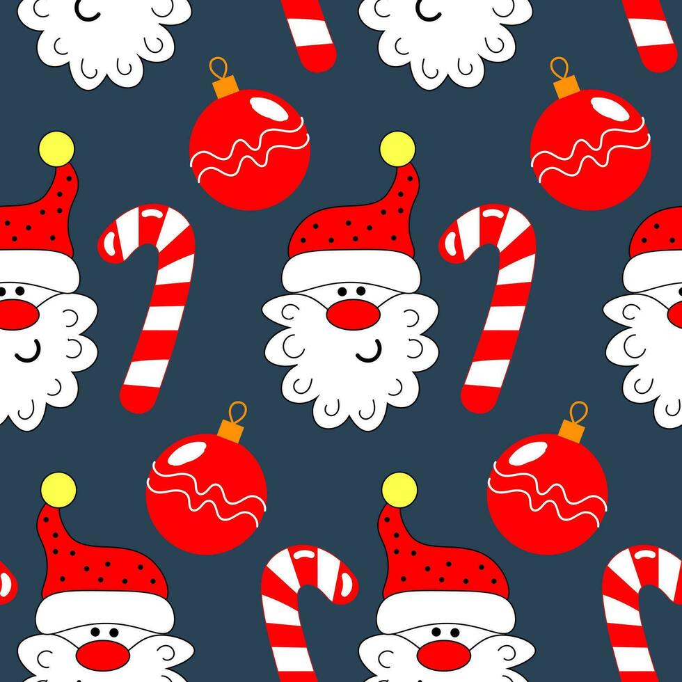 Seamless pattern, face of funny Santa Claus, candies and Christmas balls on a blue background. Print, textile, vector