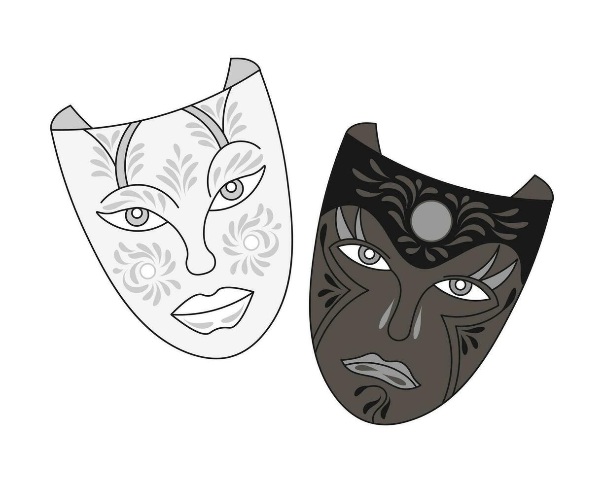 mardi gras, coloridas máscaras de carnaval y texto de saludo. diseño en blanco y negro. pancarta, póster, vector