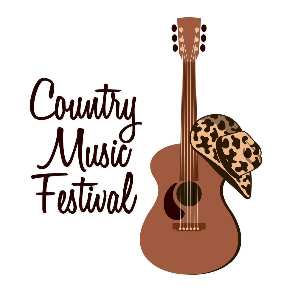 Lettering Country Music Festival and acoustic guitar with cowboy hat. Music poster, invitation, vector