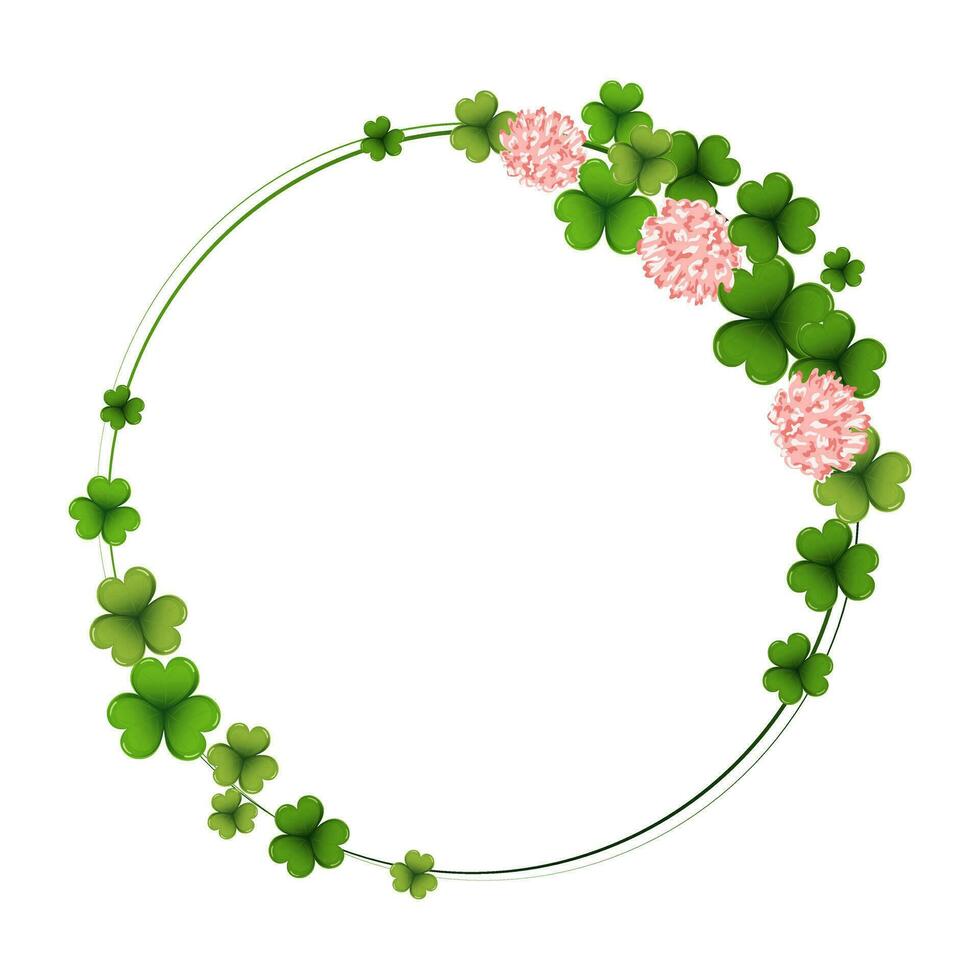 Round template with colorful clover leaves, shamrock, background for text. St. Patrick's day illustration, vector