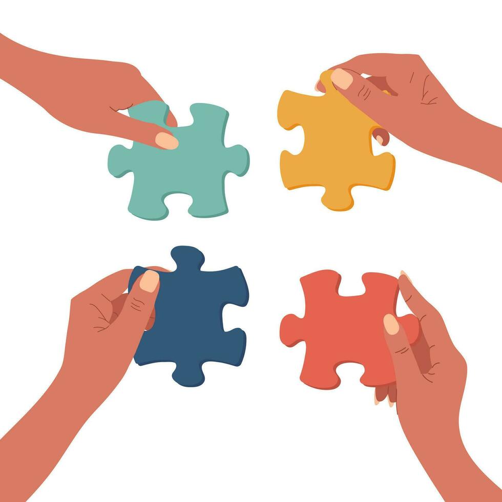 Hands holding puzzle pieces. Hands put together puzzles. Business concept of teamwork. Vector