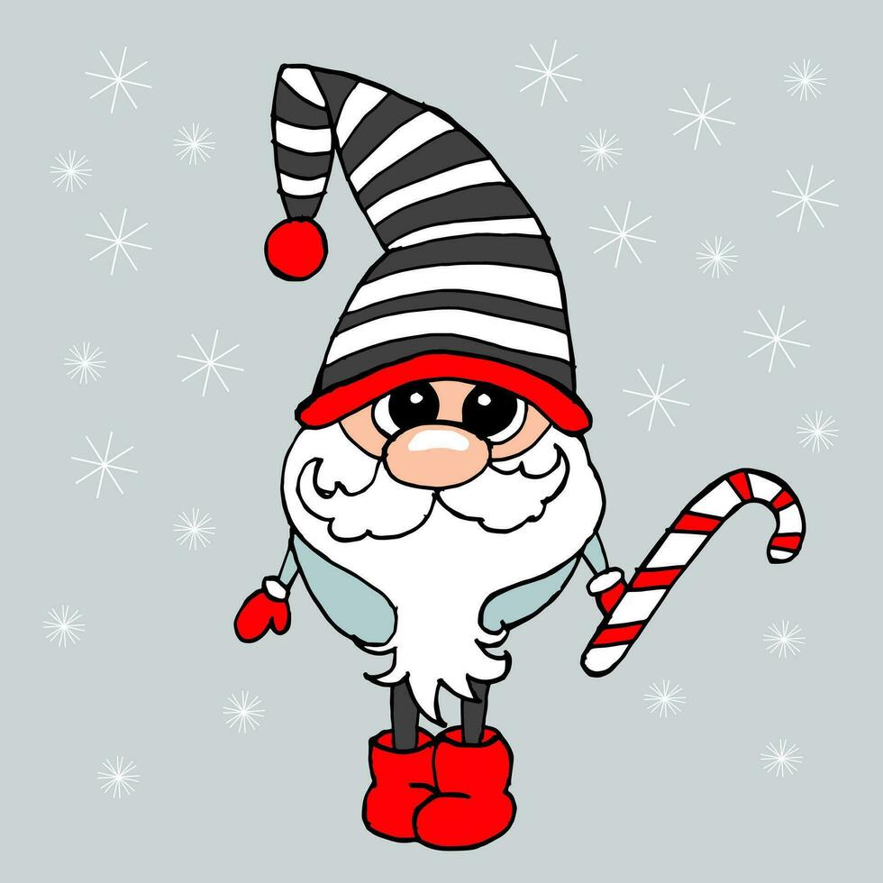 Cute Christmas gnome with candy cane. Hand drawn illustration, vector