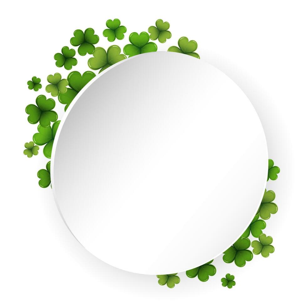 Round template with colorful clover leaves, shamrock, background for text. St. Patrick's day illustration, vector