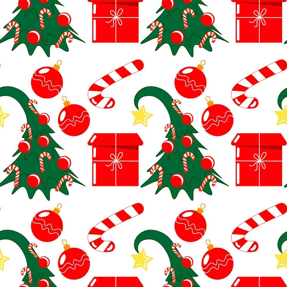 Seamless pattern, decorated Christmas tree, gift boxes, candies on a white background. Print, textile, vector