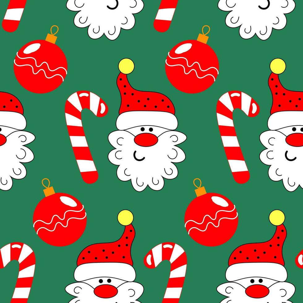 Seamless pattern, face of funny Santa Claus, candies and Christmas balls on a blue background. Print, textile, vector