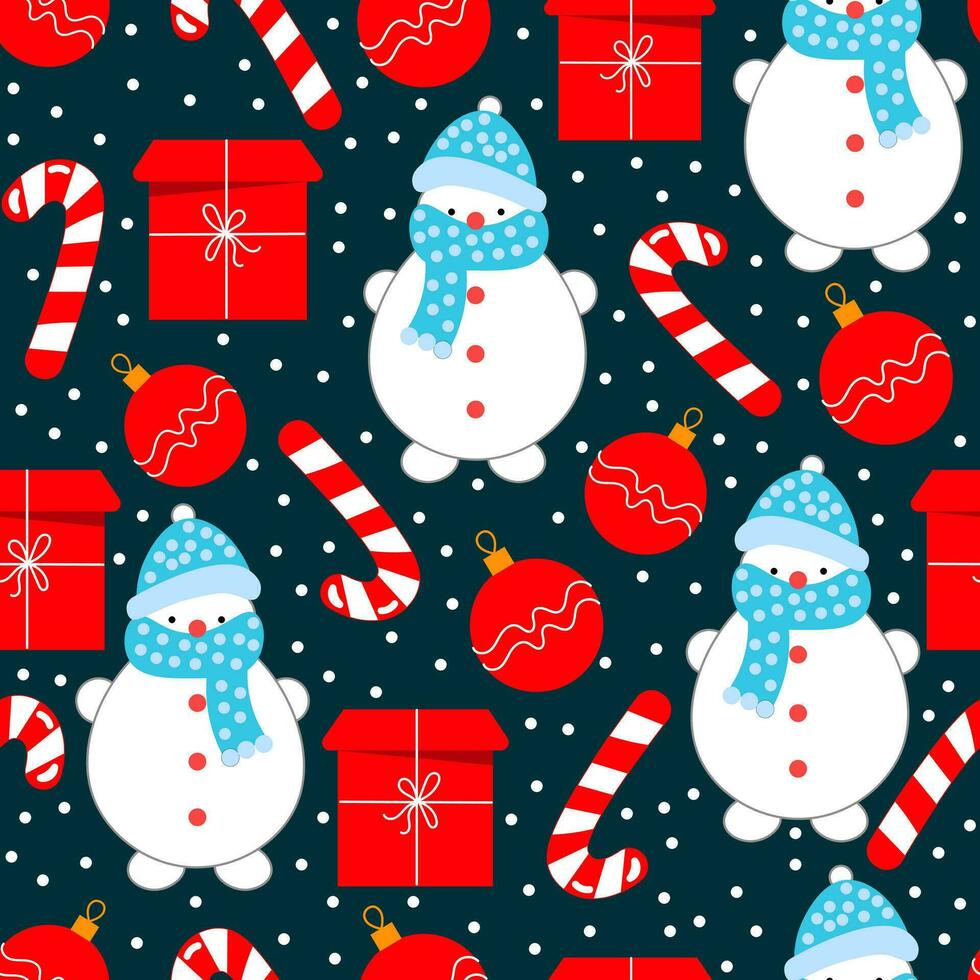 Seamless pattern, cute snowmen on a background with snowflakes. Print, textile, vector