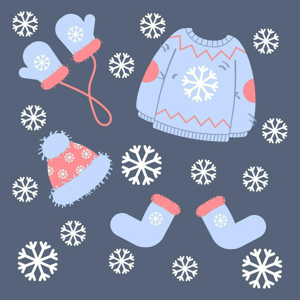 Christmas set, knitted sweater, hat, mittens and socks. Illustration, vector