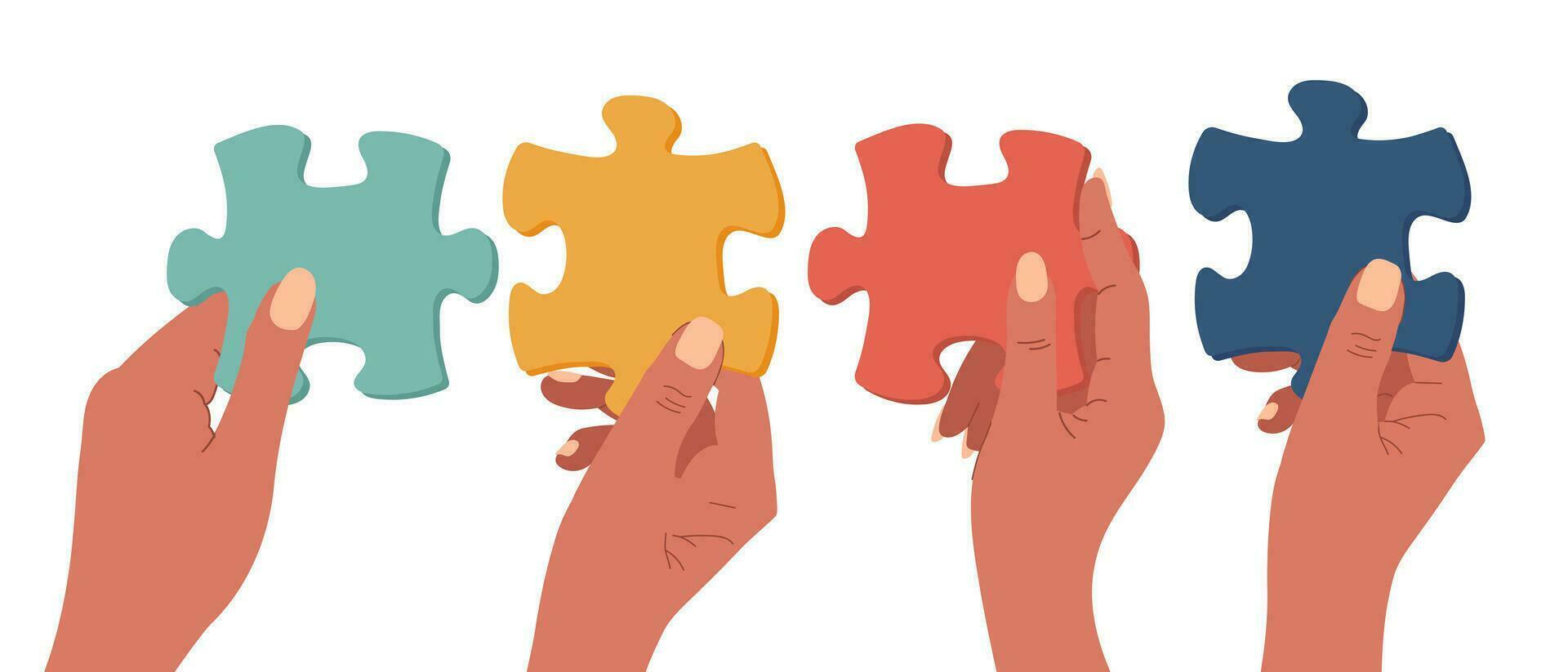 Hands holding puzzle pieces. Hands put together puzzles. Business concept of teamwork. Vector