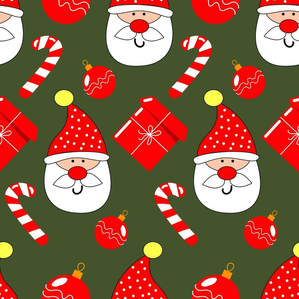 Seamless pattern, face of funny Santa Claus, candies and Christmas balls on a blue background. Print, textile, vector