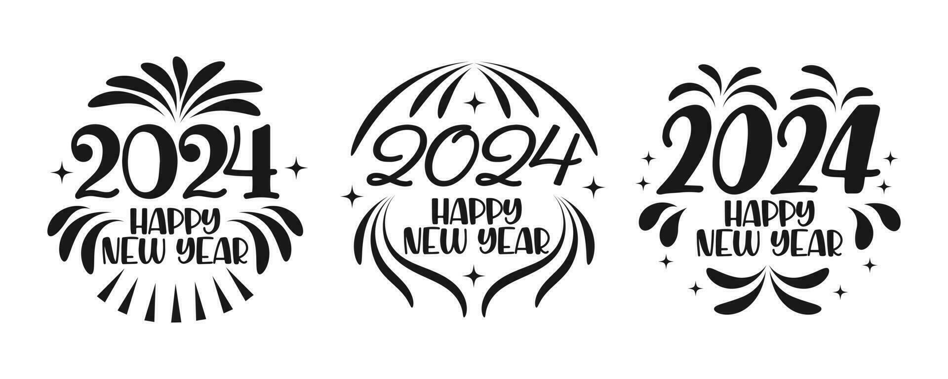 Set of festive round letterings. Black hand lettering 2024 Happy New Year. Illustration, vector