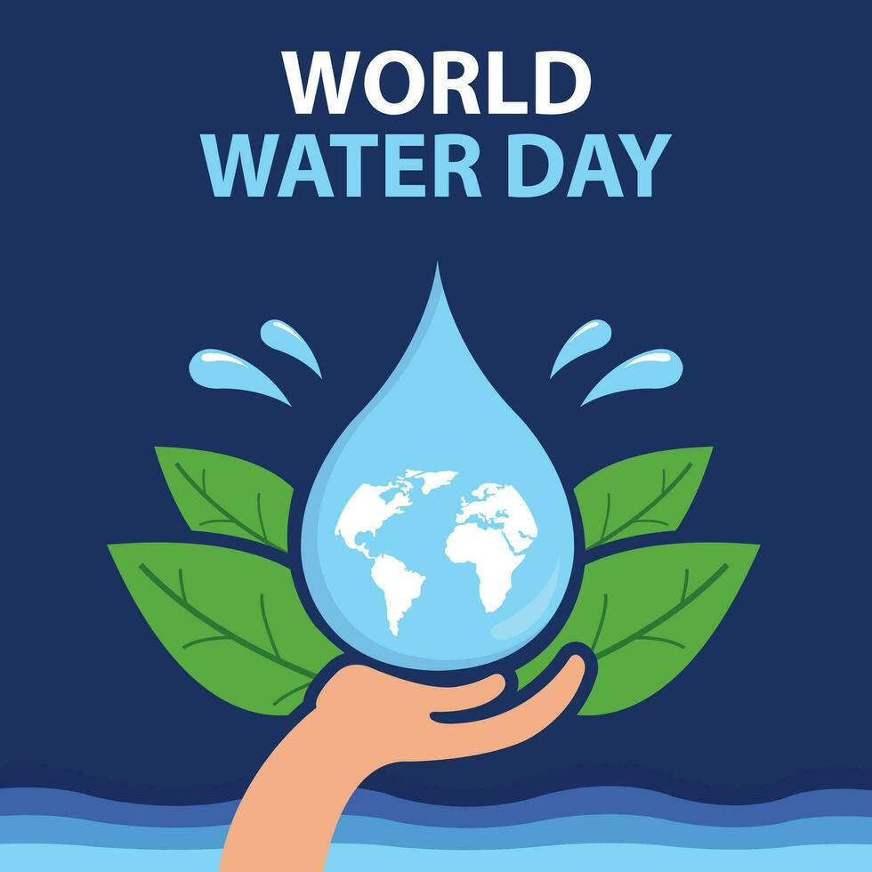 illustration vector graphic of hand catching a water drop containing a world map, showing green leaves and water splashes, perfect for international day, world water day, celebrate, greeting card, etc