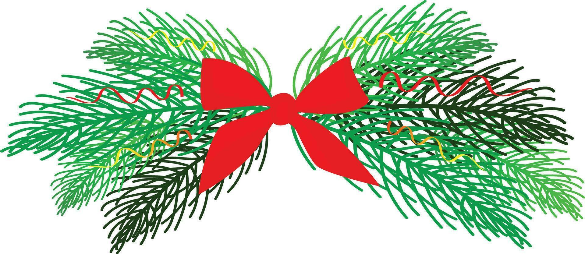 Vector Christmas tree branches and red poinsettia flower in a holiday line arrangement on a white  background