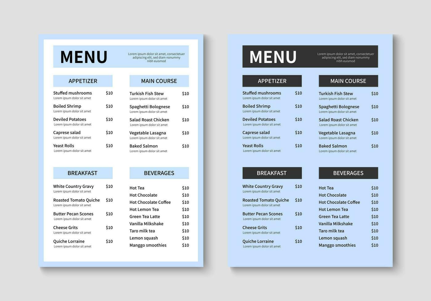 Menu template for restaurant and cafe. Minimalist restaurant menu booklet design. Brochure, cover, flyer design. Vector illustration
