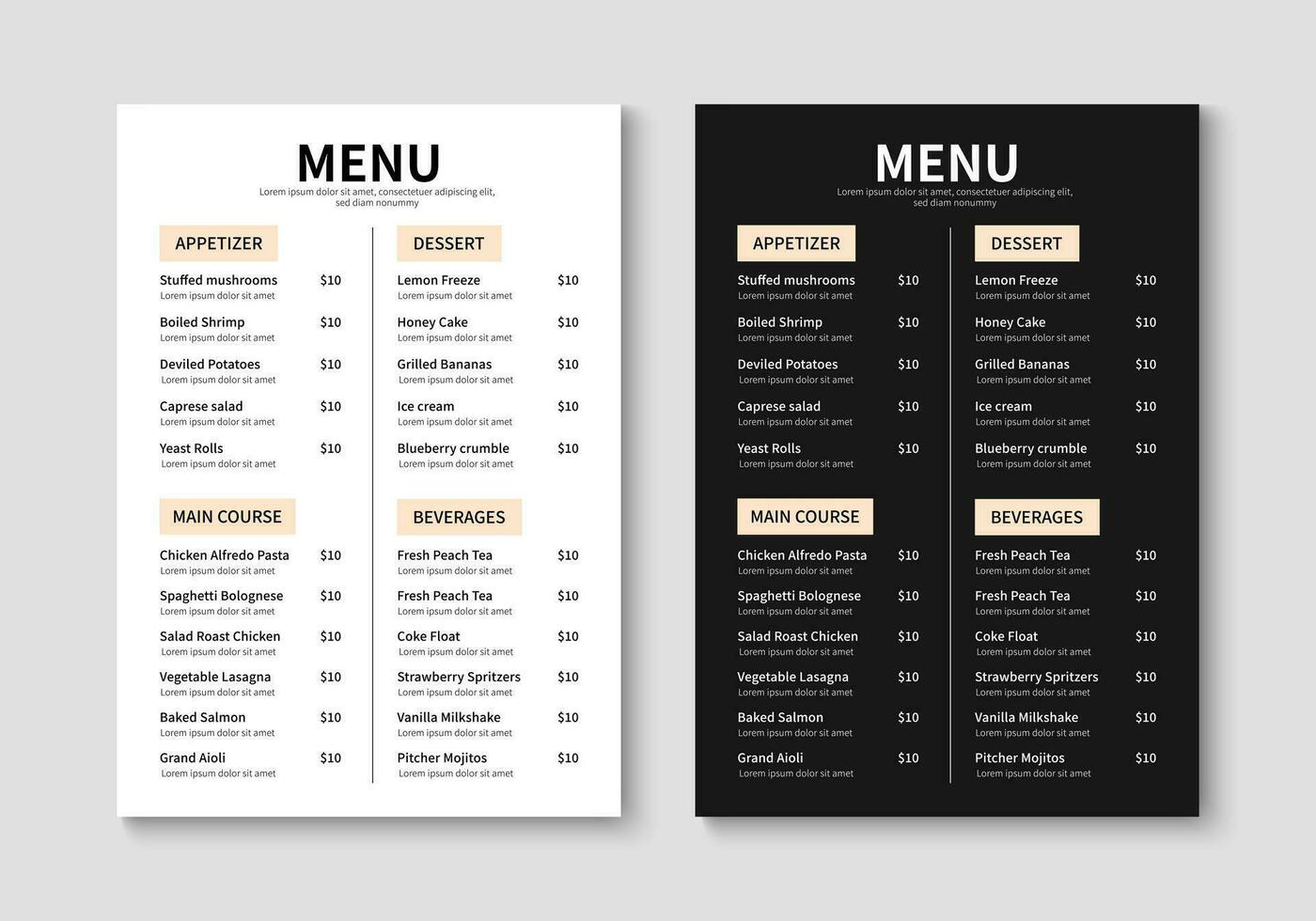Menu template for restaurant and cafe. Minimalist restaurant menu booklet design. Brochure, cover, flyer design. Vector illustration