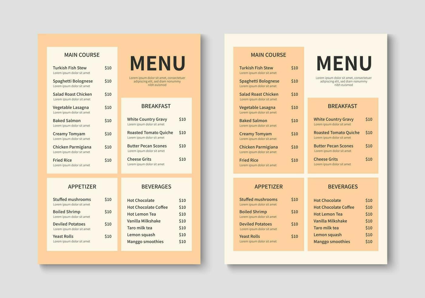 Menu template for restaurant and cafe. Minimalist restaurant menu booklet design. Brochure, cover, flyer design. Vector illustration