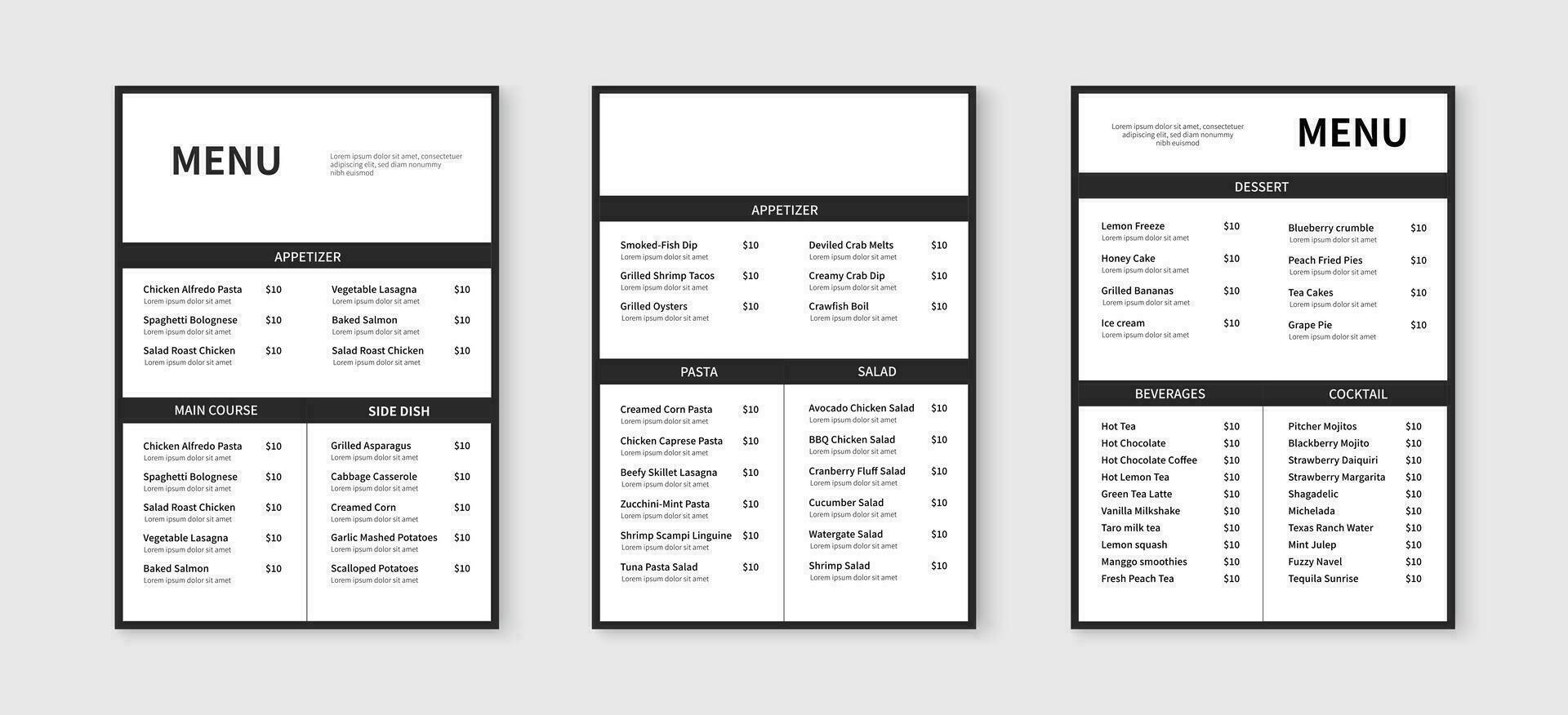 Minimalist menu layout template. Restaurant food and drink menu design. Vector illustration
