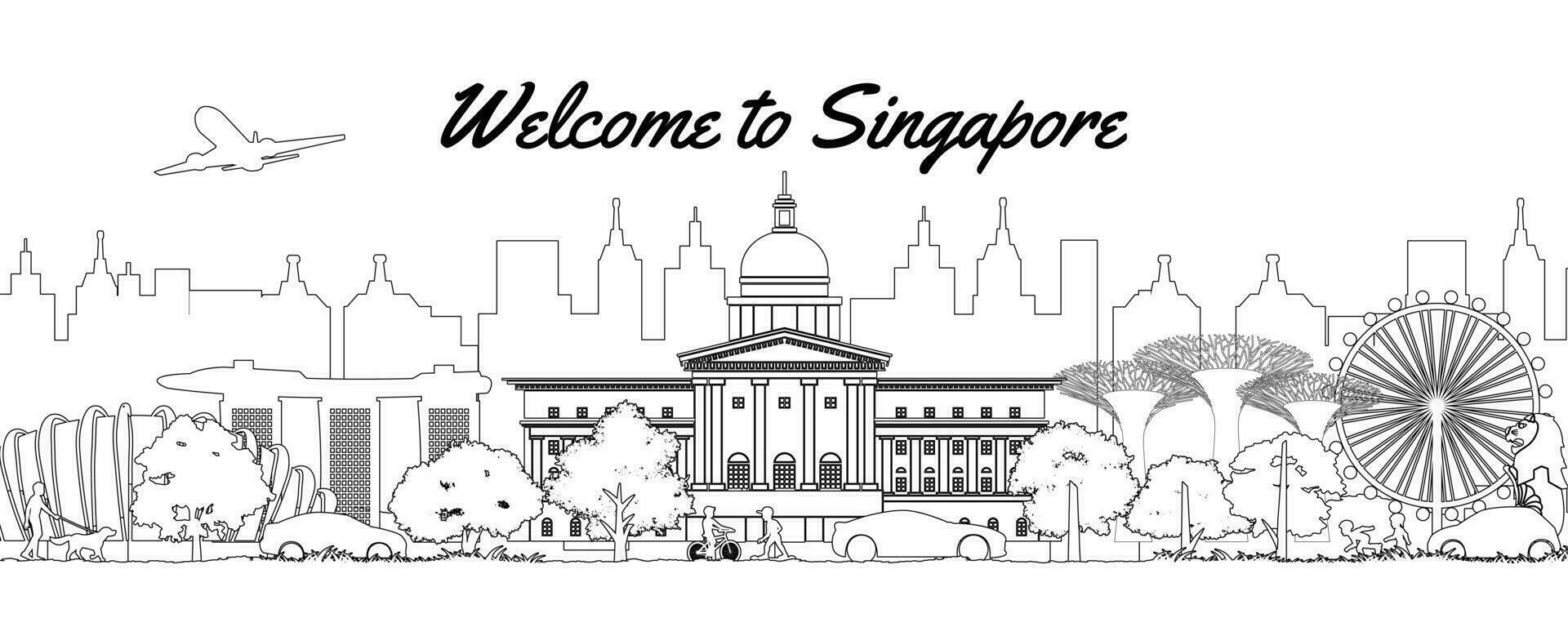 Singapore famous landmarks by silhouette line style vector