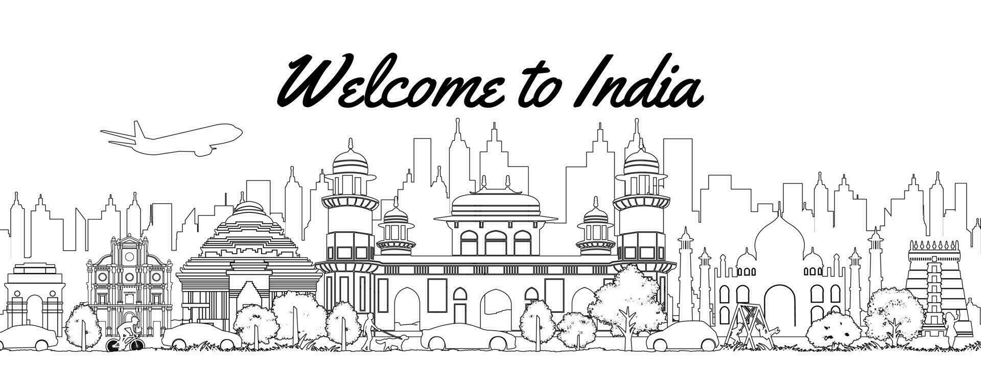 India famous landmarks by silhouette line style vector