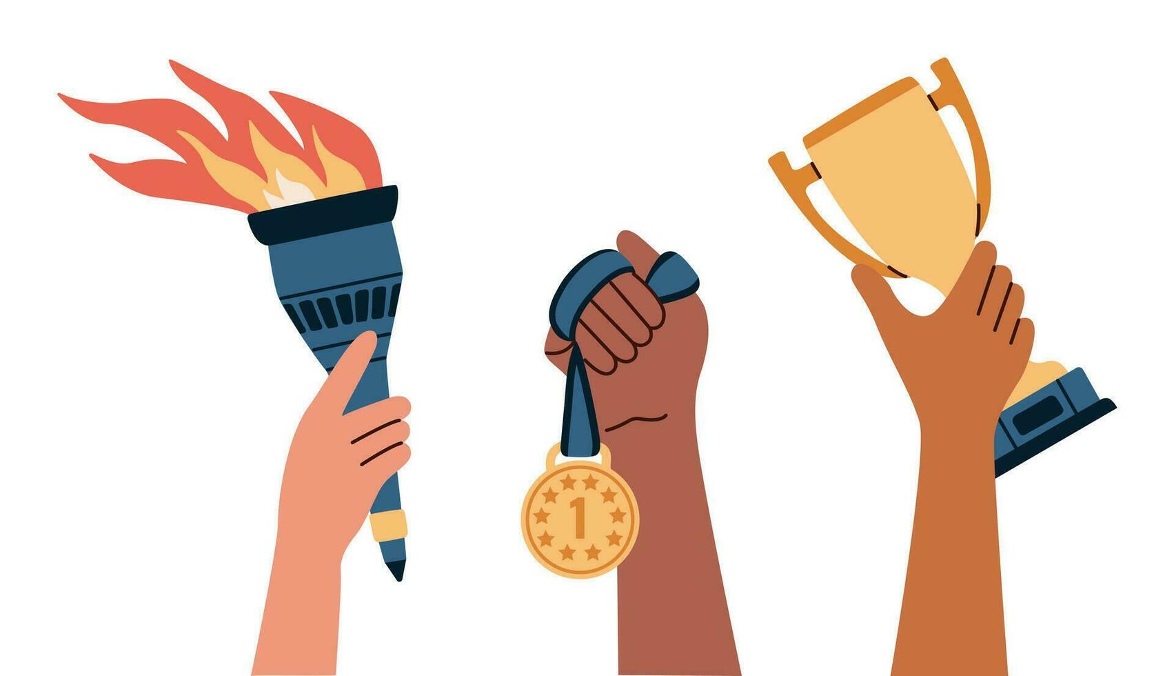 Hands holding gold medal, torch and cup. Symbols of relay race, competition victory, champion or winner. Flat vector illustration.