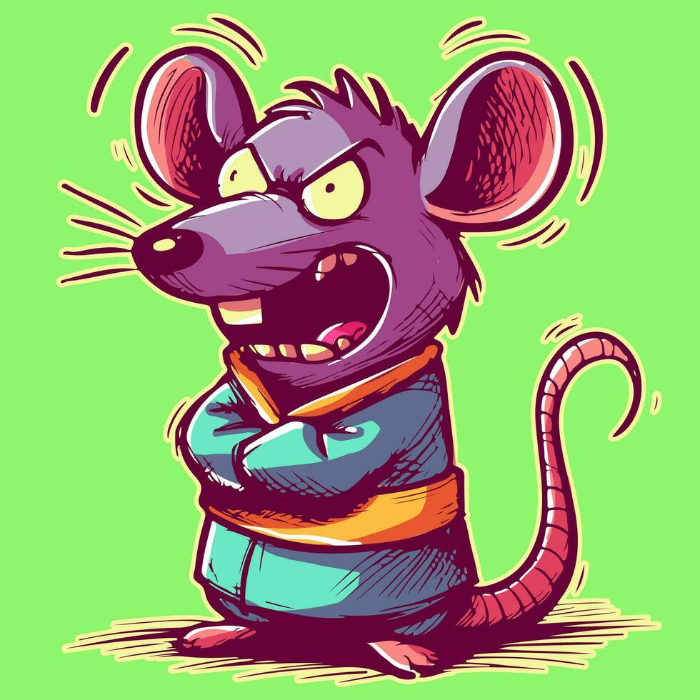 Cartoon doodle of an insane and mad rat screaming in a straitjacket. Anthropomorphic psychotic mouse being crazy vector