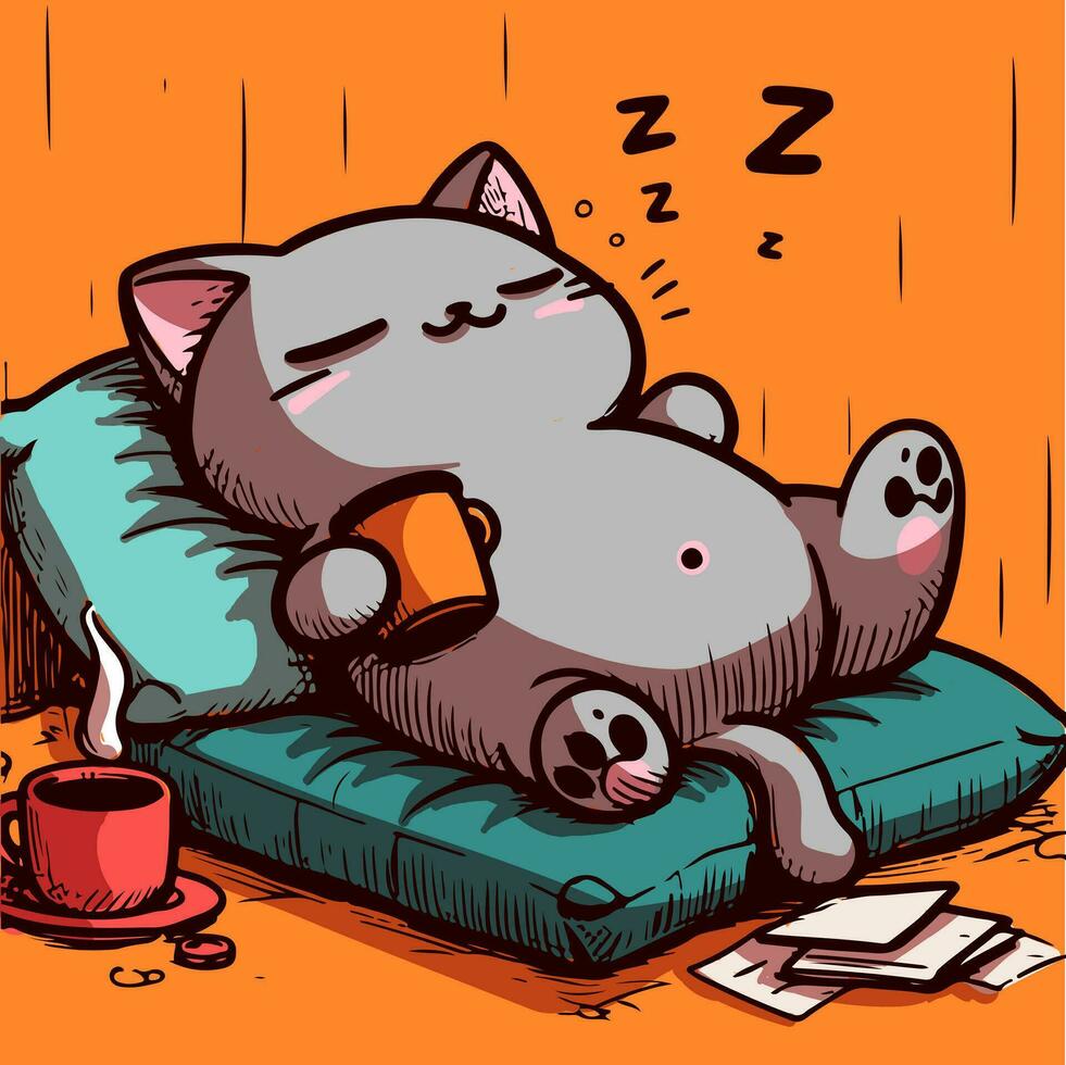 Drawing of a sleepy cat laying on a pillow with a coffee cup in the hand. Vector of a cartoon anthropomorphic kitty sleeping on a bed