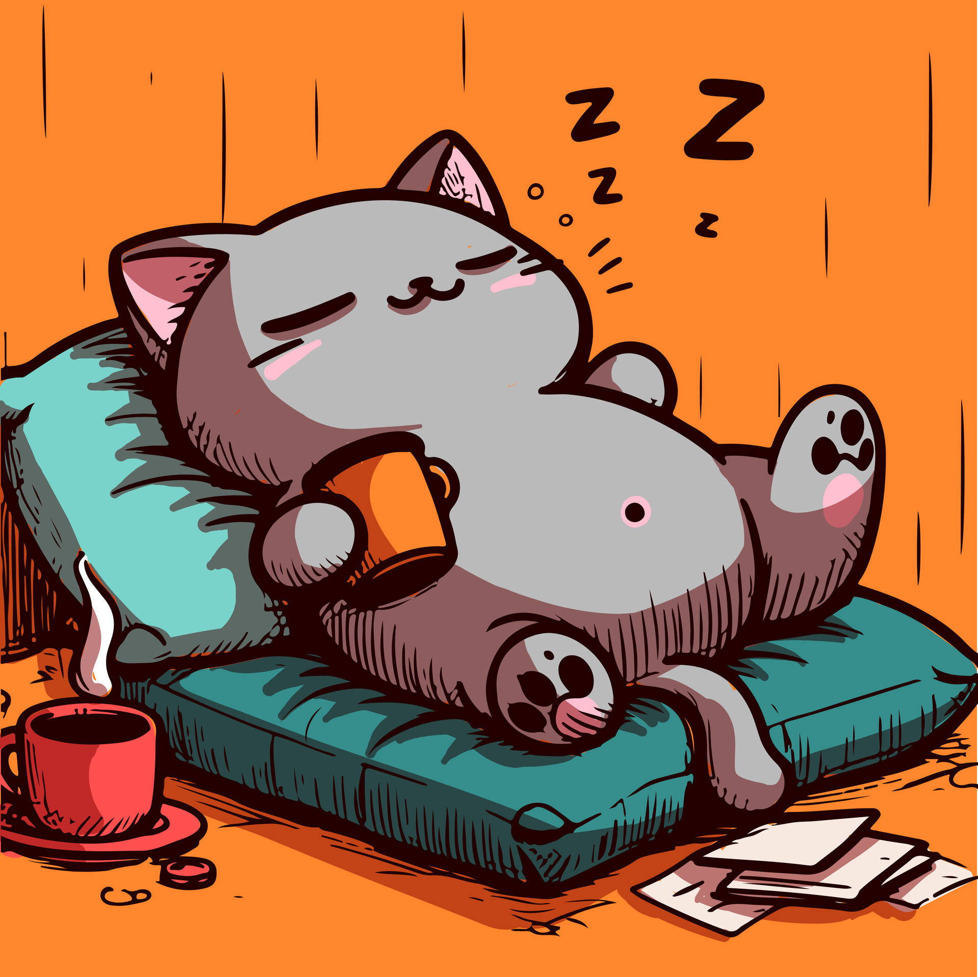 Drawing of a sleepy cat laying on a pillow with a coffee cup in the ...