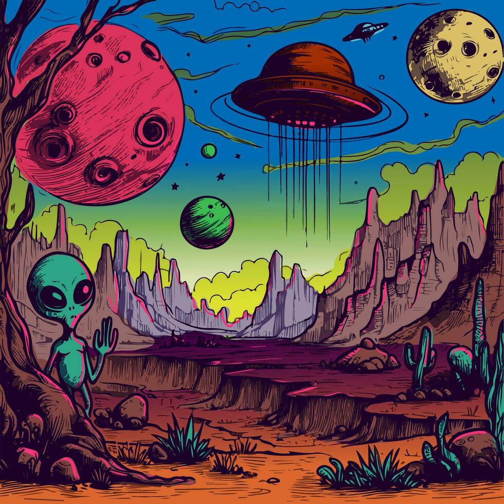 trippy y psicodélico obra de arte de Desierto paisaje desde zona 51. surrealista ilustración de un extraterrestre y OVNI invasión con cactus, montañas y planetas vector