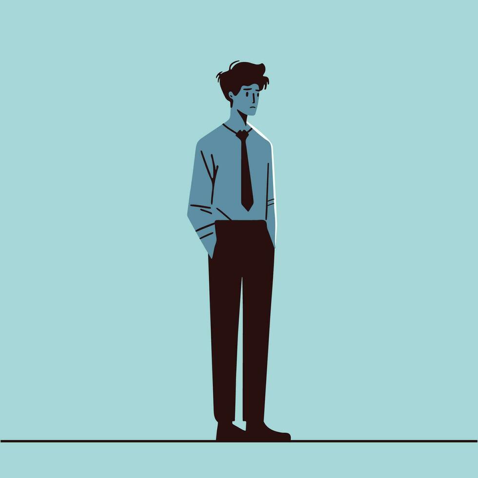 unhappy sad face young adult business man thoughts, entrepreneur bad choice doubt confused boy hand on pocket wearing tie puzzled expression feeling cartoon character vector, disappointed employee vector